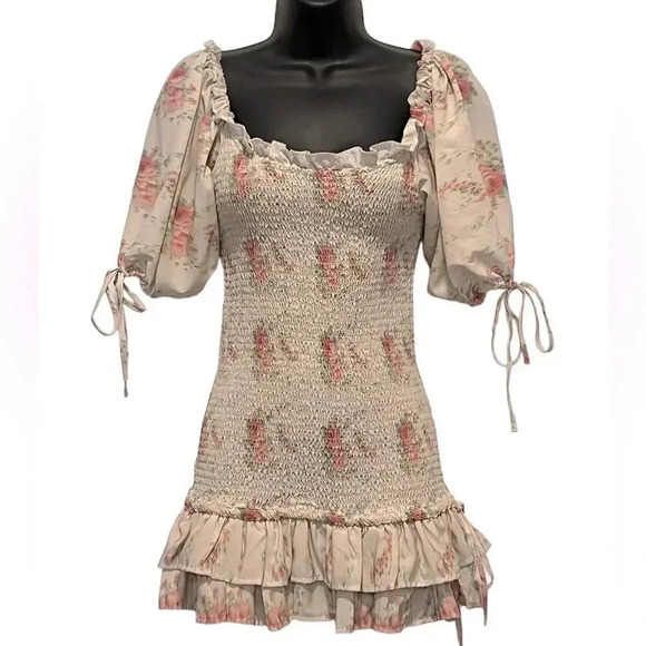 NWT 70/21 Coquette Smocked Puff Sleeve Ruffle Mini Floral Dress Womens Small - Picture 4 of 11